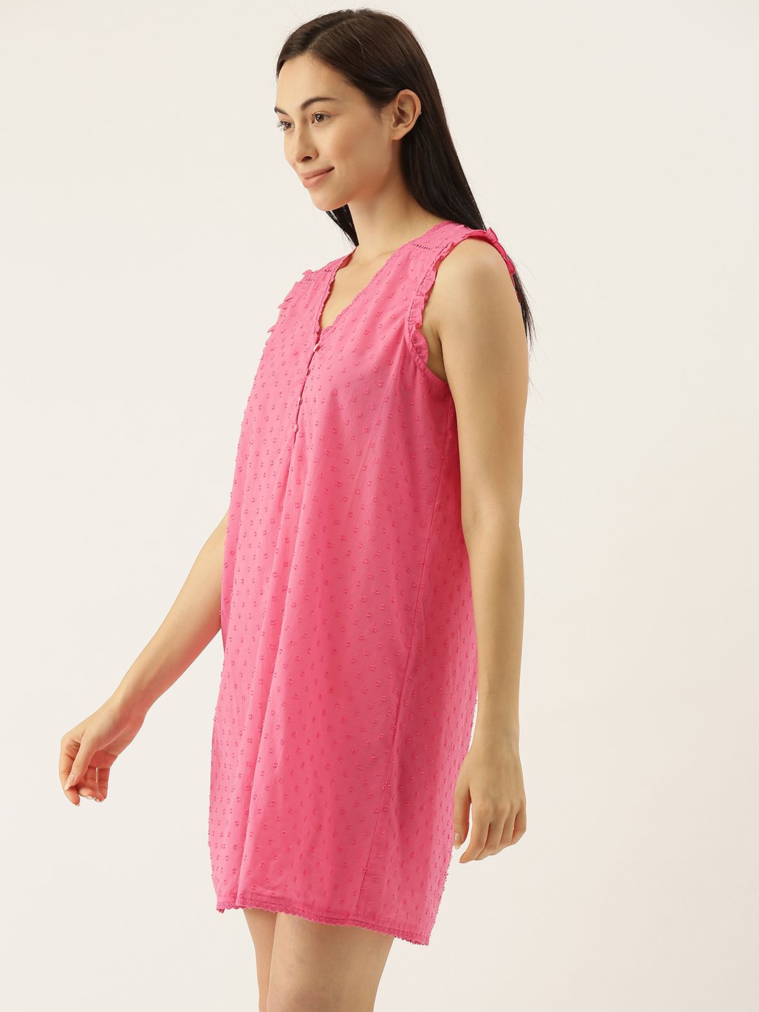 Fuchsia Self Design Sleeveless Night Dress